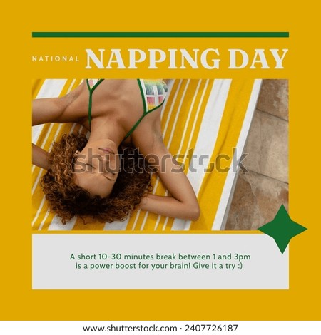 Composition of national napping day text over biracial woman sleeping in hammock. National napping day, free time and relaxing concept digitally generated image.