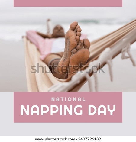 Composition of national napping day text over biracial man sleeping in hammock. National napping day, free time and relaxing concept digitally generated image.