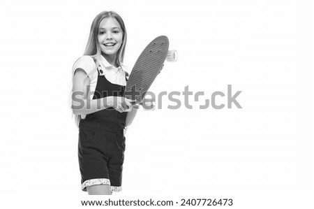 photo of teen girl with skateboard, copy space. teen girl with skateboard isolated on white.