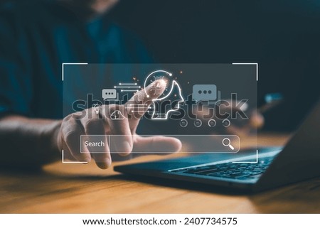 Chatbot with AI, Artificial Intelligence, search engine, businessman using laptop connection to AI, use command prompt for generates idea something or solve problems, digital transformation, SEO.