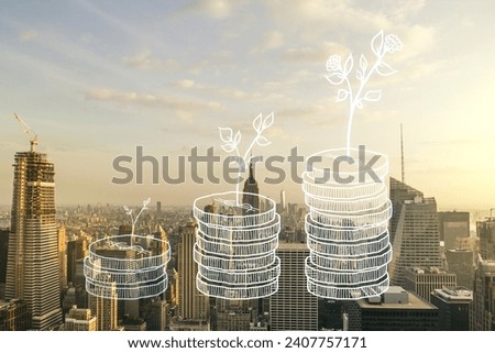 Virtual cash savings illustration on New York city skyline background. Retirement savings and capital increase concept. Multiexposure