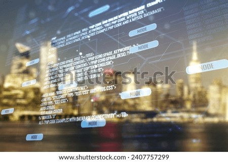 Double exposure of abstract creative programming illustration on blurry office buildings background, big data and blockchain concept