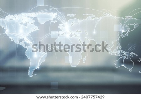 Abstract graphic digital world map hologram with connections on blurry contemporary office building background, globalization concept. Multiexposure