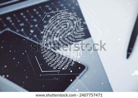 Abstract creative fingerprint concept on modern laptop background. Multiexposure