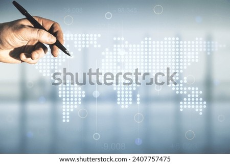 Multi exposure of businessman hand with pen working with abstract creative digital world map hologram on blurred office background, research and analytics concept