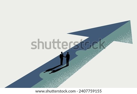 Business partnership, merger and acquisition concept, businessmen handshaking on assembled arrow jigsaw, vector illustration. Royalty-Free Stock Photo #2407759155