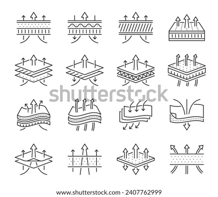 Breathable icons for fabric material or air membrane layers with arrow lines, vector symbols. Breathable fabric material icons for fiber with breath layer or airflow technology textile Royalty-Free Stock Photo #2407762999