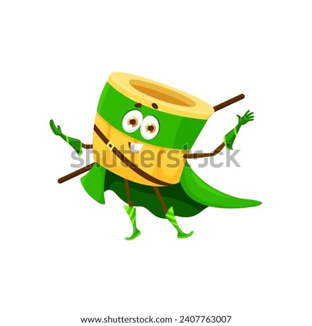Cartoon paccheri italian pasta superhero character. Isolated vector fun-loving, noodle-bodied super hero personage wear green mask and cape, ready to save the day with his saucy powers and fight stick Royalty-Free Stock Photo #2407763007