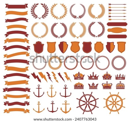 Vintage badge, seal, retro arrow, ribbon and label, anchor and shield, laurel wreath and crown design elements. Guarantee certificate, diploma anchors, arrows, lightning bolts premium decorations set