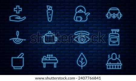 Set line Sauna and spa procedures, Bottle of liquid soap, Teapot with cup, Kettle handle, Acupuncture therapy, Cross hospital medical, Hypnosis and Carrot icon. Vector