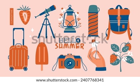 Set of clip arts with summer adventures. Cute vector illustrations about summertime, travels, camera, suitcase, telescope, backpack, hand holding flower, strawberry, ice cream, village lantern.