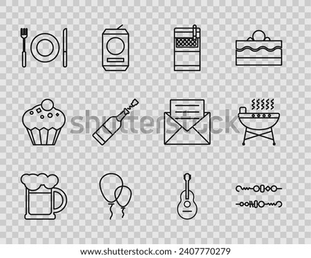 Set line Wooden beer mug, Grilled shish kebab, Open cigarettes pack box, Balloons with ribbon, Plate, fork and knife, Champagne bottle, Guitar and Barbecue grill icon. Vector