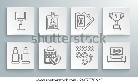 Set line Binoculars, VIP badge, Planning strategy concept, American football tv program and stand, Football ticket, Award cup and goal post icon. Vector
