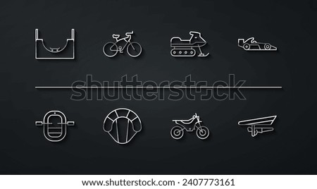 Set line Skate park, Rafting boat, Formula 1 racing car, Mountain bike, Parachute, Bicycle, Hang glider and Snowmobile icon. Vector
