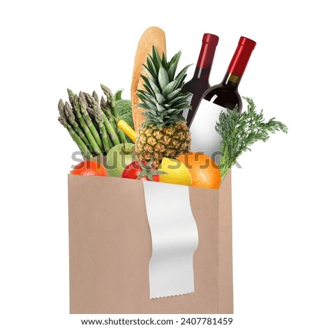 Paper bag with different products and receipt isolated on white