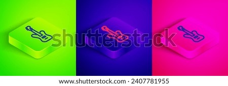 Isometric line Electric bass guitar icon isolated on green, blue and pink background. Square button. Vector