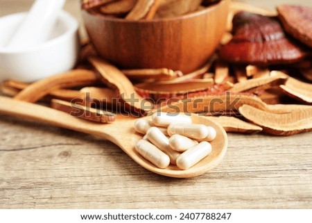 Lingzhi or Reishi mushroom with capsules, organic natural healthy food. Royalty-Free Stock Photo #2407788247