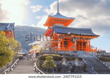 Kiyomizu-dera temple in Kyoto, Japan with beauiful full bloom sakura cherry blossom in spring Royalty-Free Stock Photo #2407791215