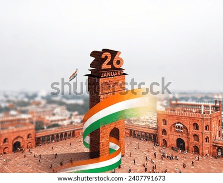 Celebrating 26th January, India's Republic Day from Red Fort. A Creative design template for posters, banners, advertising, etc. Happy Republic Day. Top view from Red Fort. Pillers of India. Royalty-Free Stock Photo #2407791673