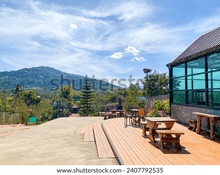 Pictures of Cafe coffee shop in nature and between mountains from Thailand. Concept photo of coffee cafe.