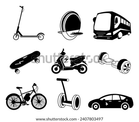 Set of modern electric vehicles on white background