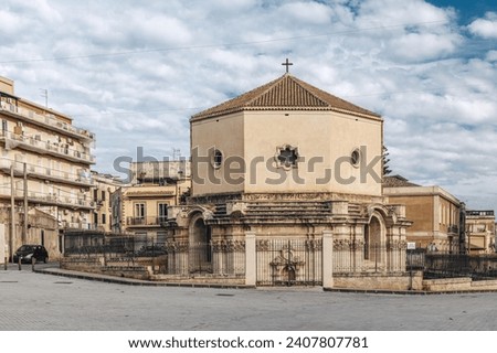 Urban view with the sanctuary of Saint Lucia 'al Sepolcro' in Siracusa, Sicily, Italy. Royalty-Free Stock Photo #2407807781