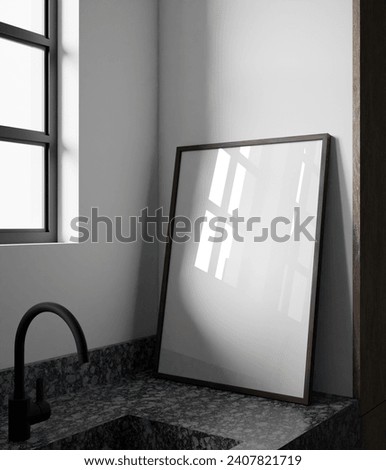 minimalist elegant frame mockup poster standing beside wastafel with window reflection