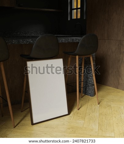 aesthetic and cinematic dark wooden frame mockup poster in the dining kitchen interior with some beautiful light