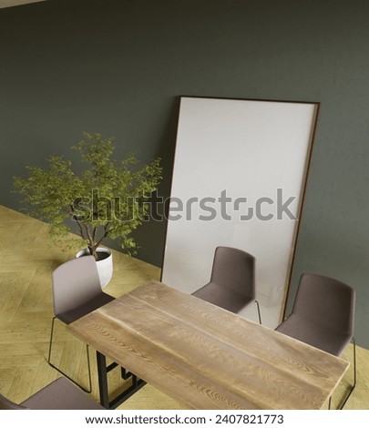 big and asethetic frame mockup poster in the green modern interior with plant decor