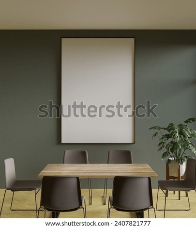 aesthetic and minimalist frame mockup poster hanging on the green wall in the dining room with plant tree decor