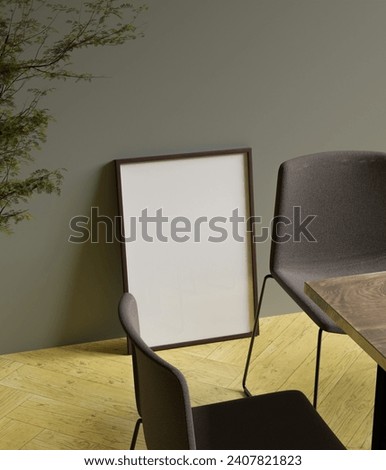 simple and aesthetic dark wooden frame mockup poster hanging on the green wall in the dining room