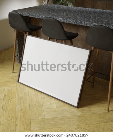 a landscape wooden frame mockup poster leaning on the chair