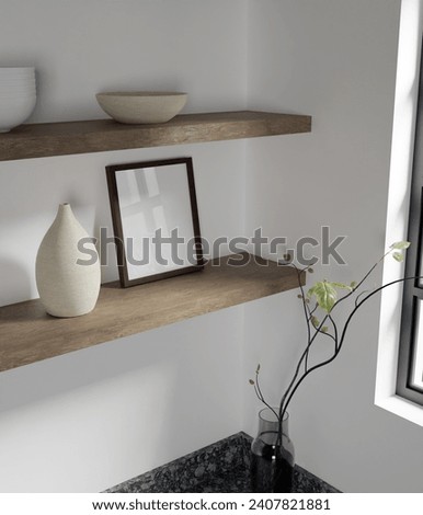 tiny and minimalist dark wooden frame mockup on the wooden kitchen shelf with beautiful decoration