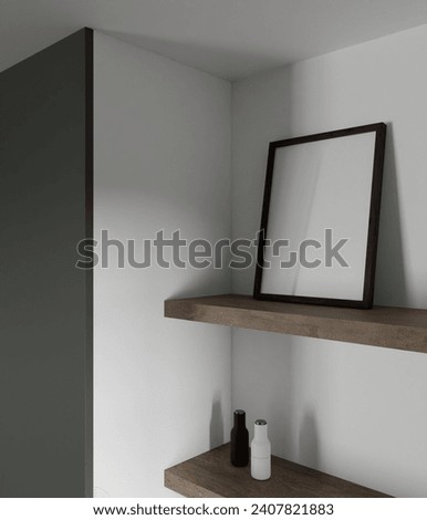 tiny and minimalist dark wooden frame mockup on the wooden kitchen shelf with beautiful decoration