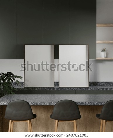 a couple of wooden frame mockup in the wooden green kitchen set