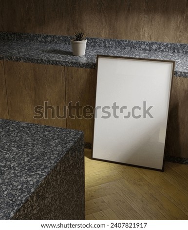 70x100 wooden frame mockup poster leaning on the kitchen set lit by sunlight