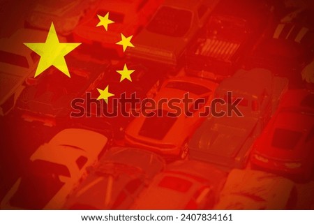 Chinese flag with different cars as background.