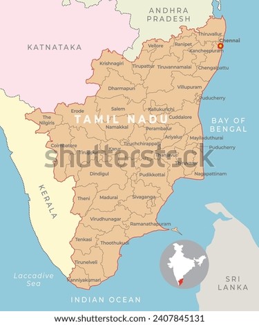 Tamil Nadu district map with neighbour state Royalty-Free Stock Photo #2407845131