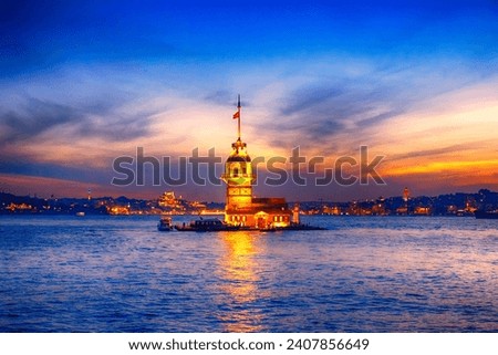 Istanbul Bosphorus Uskudar, Maiden's tower in istanbul beautiful colorful sunset (Turkish:Kiz Kulesi) from Uskudar. Istanbul symbol. Romantic Istanbul Sunset Landscape. Famous amazing touristic place.