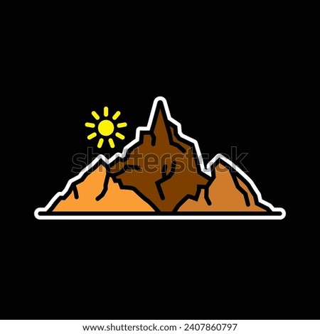 Original vector illustration. Contour icon of the sun and mountains. Hand drawn, not AI