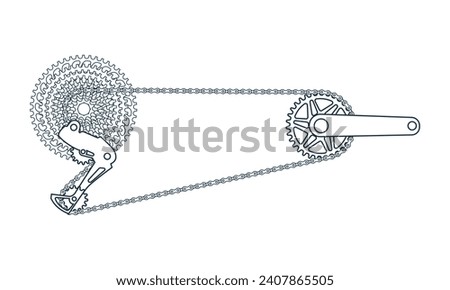 Bicycle crankset with speeds sprocket in outline. Bike gear. Chainring, cranks, cassette, chain, rear derailleur. Line vector illustration