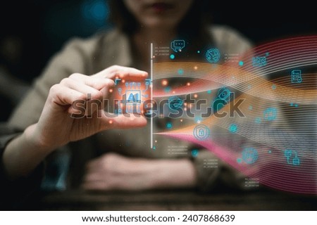 Digital technology, Businesswoman holding on AI to command search business information, work in E-commerce, Freelancer, internet network and cybersecurity of data center. Royalty-Free Stock Photo #2407868639