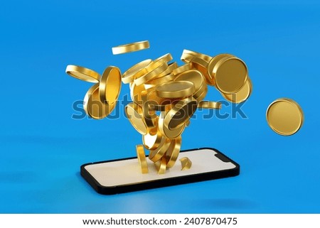 Many coin up rising from smartphone screen, take profit from online e-commerce mobile application, 3D rendering.