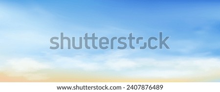 Sky blue with cloud background ,Vector Horizon beach sunset with yellow and blue colour in Spring,Panorama beautiful Nature morning sunrise sky in sunny day Summer,Banner landscape background