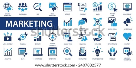 Digital marketing icons set. Content, search, marketing, ecommerce, seo, electronic devices, internet, analysis, social and more flat icon. Royalty-Free Stock Photo #2407882577