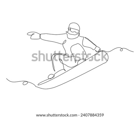 Continuous single line sketch drawing of man snowboarder ride speed at mountain. One line art of extreme sport winter snowboard vector illustration Royalty-Free Stock Photo #2407884359
