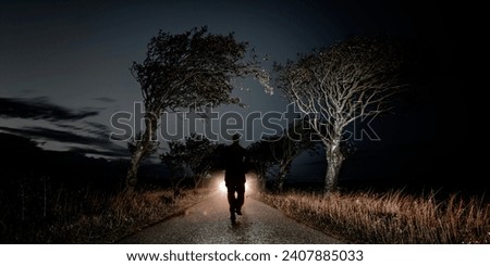 Male person on a forest road in the headlights as a shadowy silhouette Royalty-Free Stock Photo #2407885033