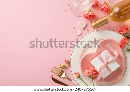Romantic Dining Experience: Top view photo of exquisite table setting featuring heart-shaped plate, cutlery, white wine, roses, sprinkles on pastel pink background. Ample space for text or advertising