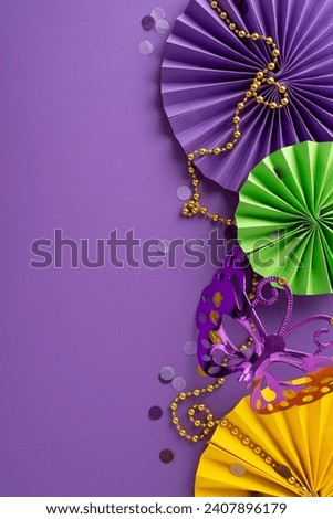 Fiesta Fantasy Feast: captivating vertical overhead composition featuring butterfly carnival mask, ornate beads, confetti, paper fans on enchanting purple surface, inviting your text or promo content