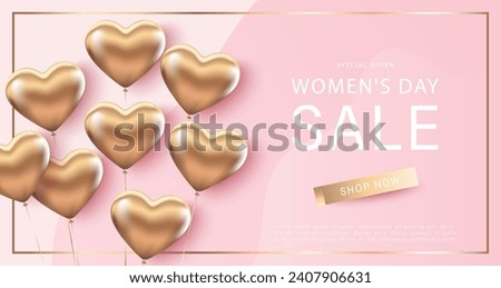 Pink poster for discounts for Women's Day with inflatable balloons in the shape of hearts. March 8. Discounts, sales, shopping banner